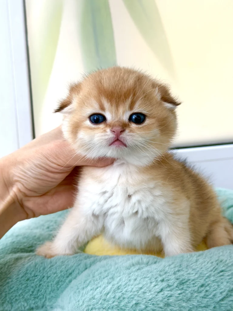 Очаровательный котёнок Скоттиш-фолд (шотландская вислоухая короткошерстная) в драгоценном окрасе «золотая шиншилла» ждёт свою семью в питомнике Dinarika.